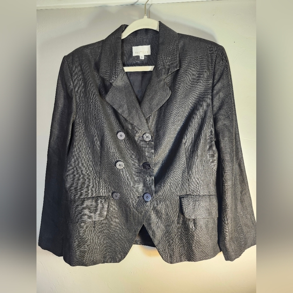 Black 100 % Linen Double-Breasted  Blazer Sz 10